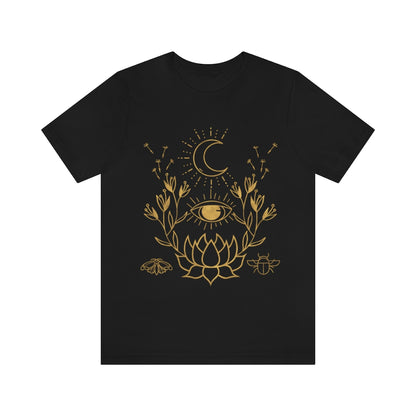 Lotus Flower Seeing Eye Moon Black Tee, Womens Bella Canvas T-Shirt, Unisex Jersey Short Sleeve Tee Witch Shirt Evil Eye Cottage Core Moth