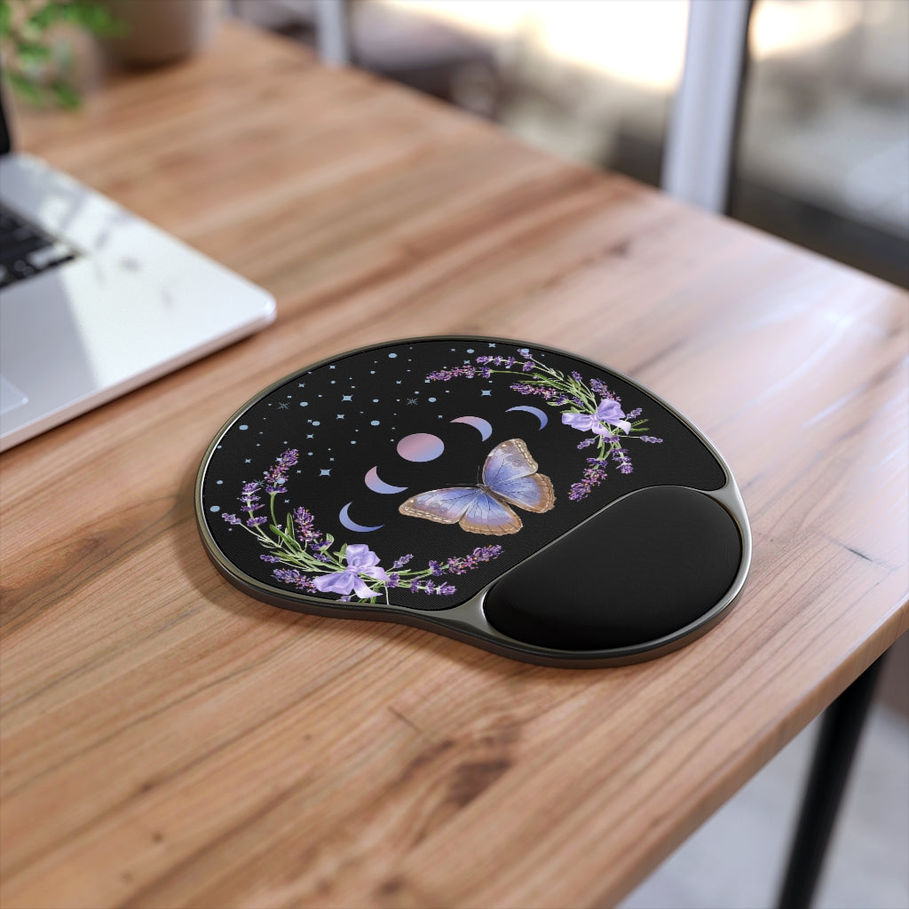 Boho Chic Purple Butterfly and Moon Phases Mouse Pad With Wrist Rest, Lavender Witch Cottagecore Office Decor