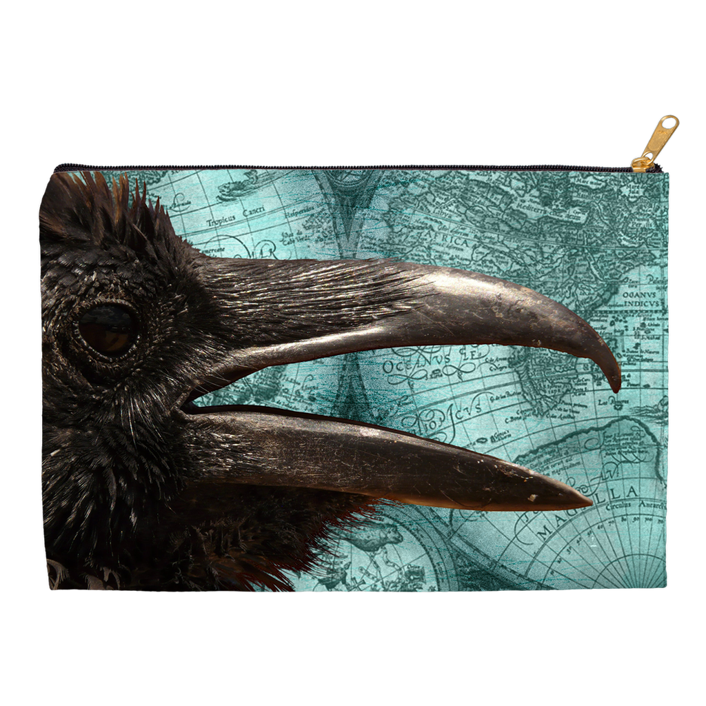 Black Crow with Turquoise Old World Map Accessory Pouches