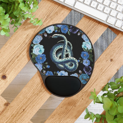 Blue Snakes Floral Mouse Pad With Wrist Rest, Cottagecore Office Decor, Witchy Goth Mouse Pad, Office Accessory