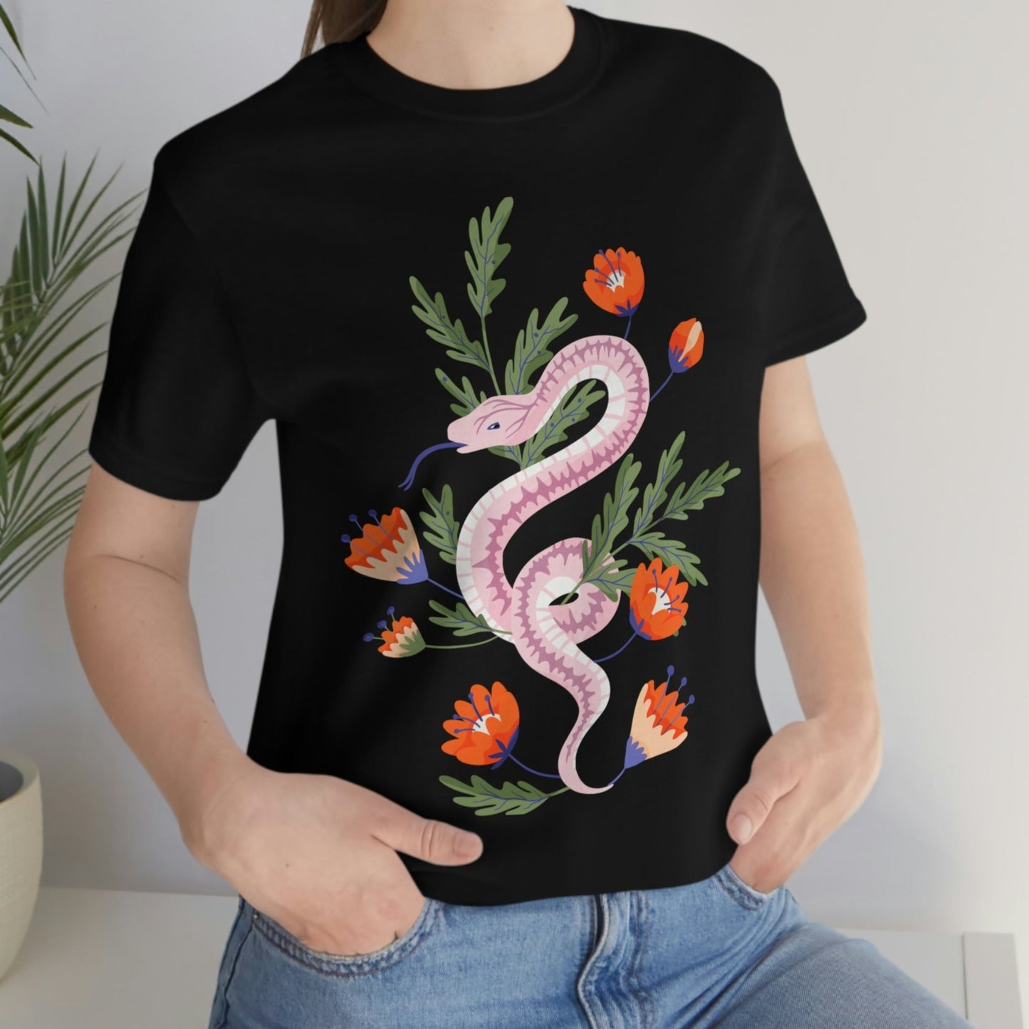 Pink Snake with Red-Orange Flowers Black T-Shirt, Unisex Jersey Short Sleeve Tee