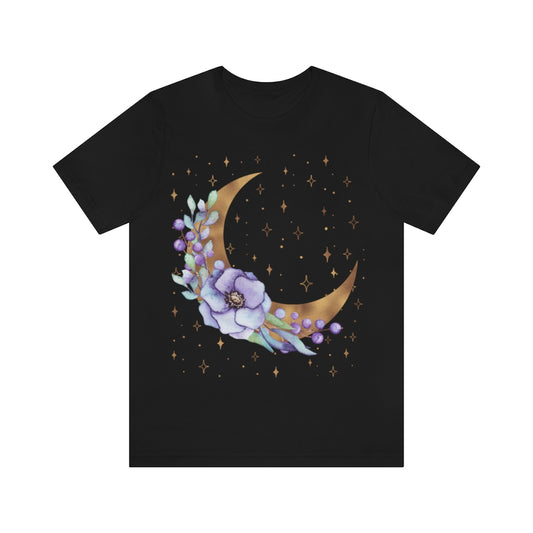 Purple Moon Floral Black Tee, Witch Shirt, Unisex Jersey Short Sleeve Tee, Womens Bella Canvas T-Shirt, Flowers Wicca Clothing Clothes