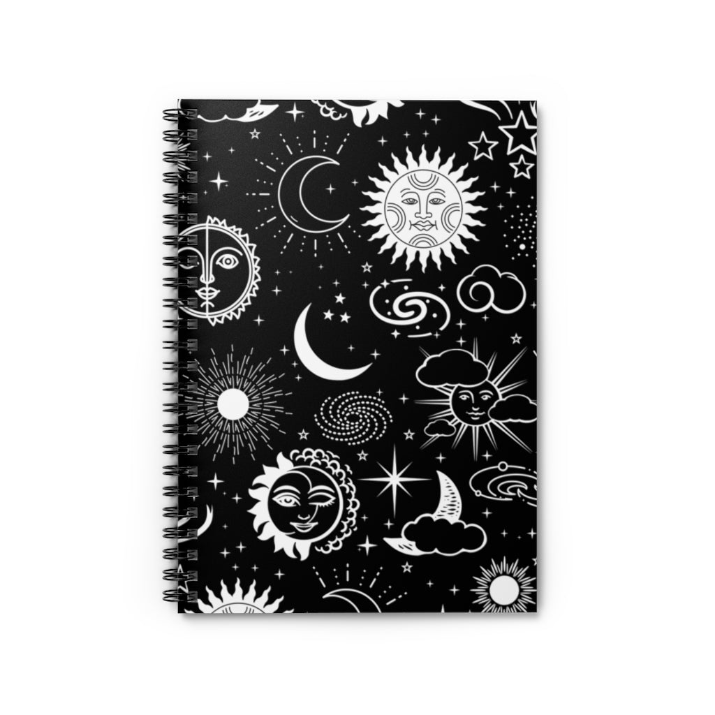 Black and White Celestial - Spiral Notebook 8x6 - Ruled Line - gift for mom