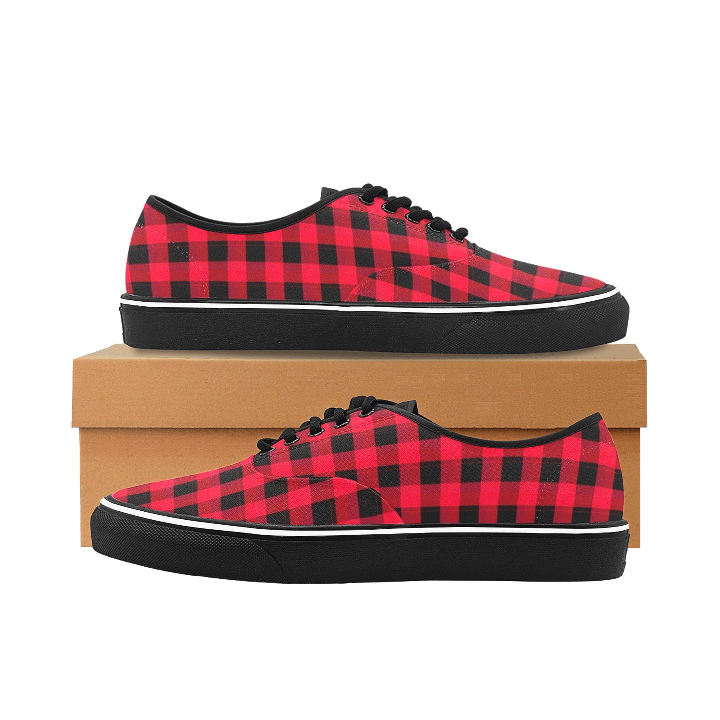 Men's Red Buffalo Plaid Classic Canvas Low Top Shoes (Black Sole)