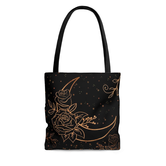 Cute Flower Moon Witch Tote Bag, Cottagecore Grocery Bag, Reusable Shopping Bag, Black Witch Bag Pagan Tote