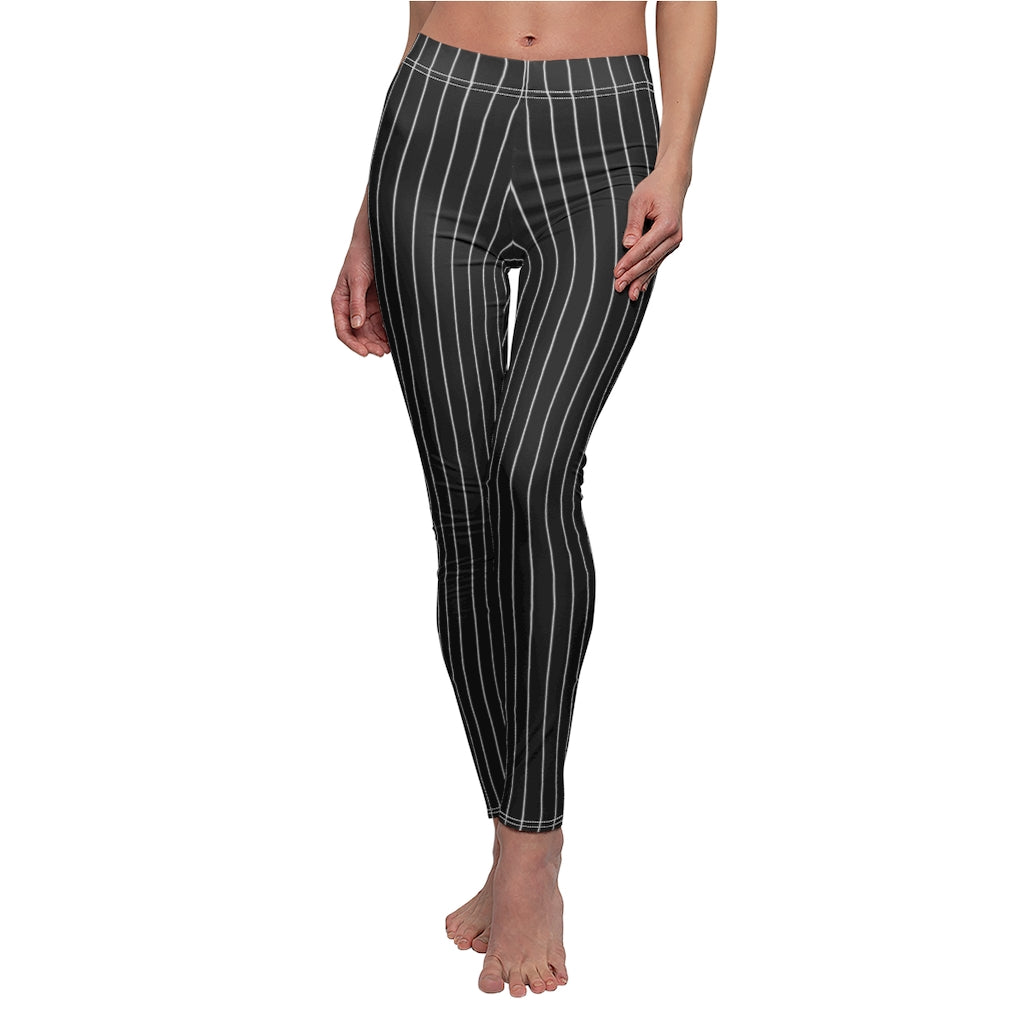 Jack Skellington Leggings | Pinstripes Black White Women's Casual Stretch Pants | Halloween Costume Workout Clothing