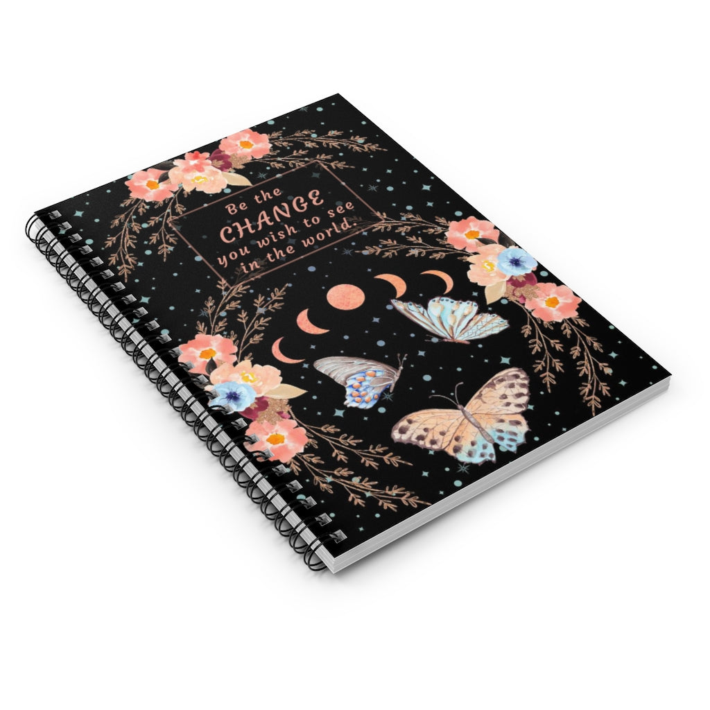 Butterfly Moon Phases - Be the Change - Spiral Notebook 8x6 - Ruled Line, Gift for Mom Peach