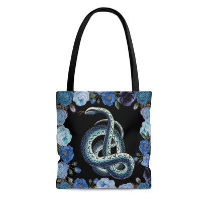 Cottagecore Snake and Roses Blue Tote Bag, Black Witch Bag