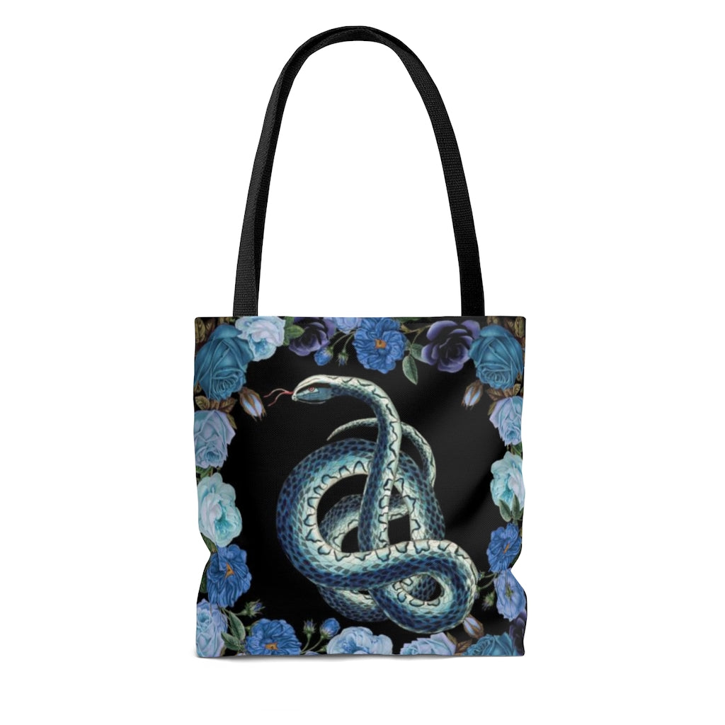 Cottagecore Snake and Roses Blue Tote Bag, Black Witch Bag