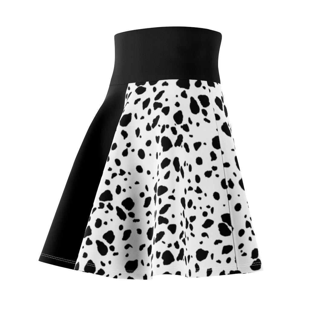 Cruella Women's Skater Skirt Costume Cosplay Gift for Her Fantasy Skirt Circle Skirt Half Black Half Dalmation Spots