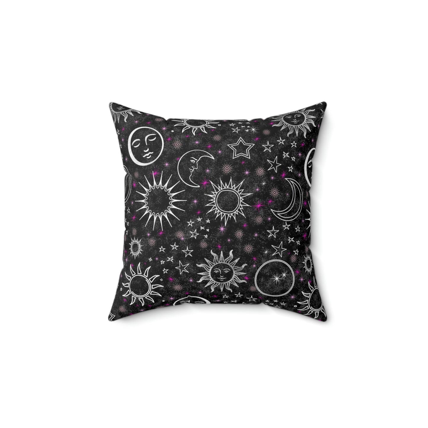 Celestial Black Pink Faux Suede Square Pillow Case With Zipper Suns Moons Stars