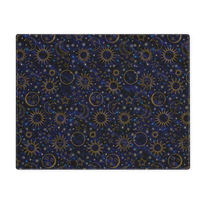 Black Blue Celestial Placemat | Cotton Fabric Placemat 18 x 14 Inches | Witch Home Decor | Suns Moons Stars | Tarot Mat