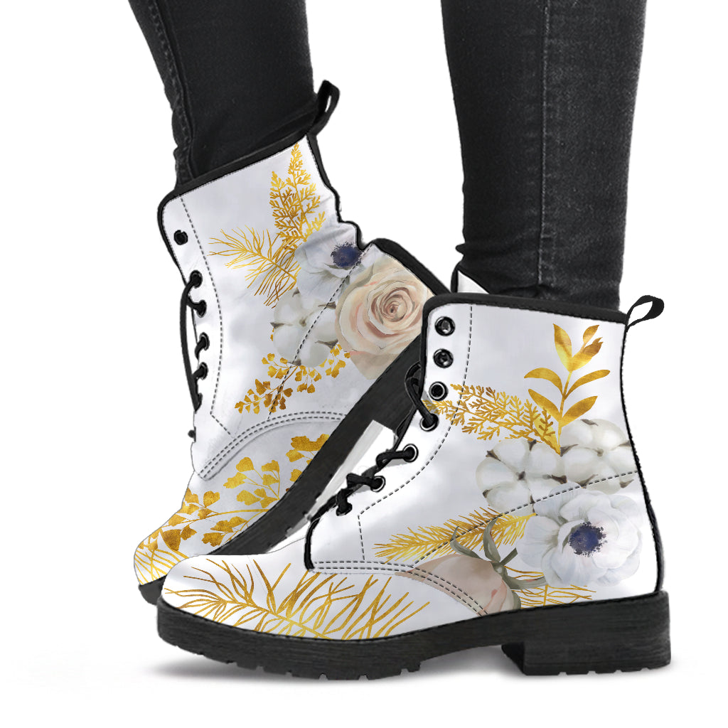 white floral wedding boots, white gold ankle boots