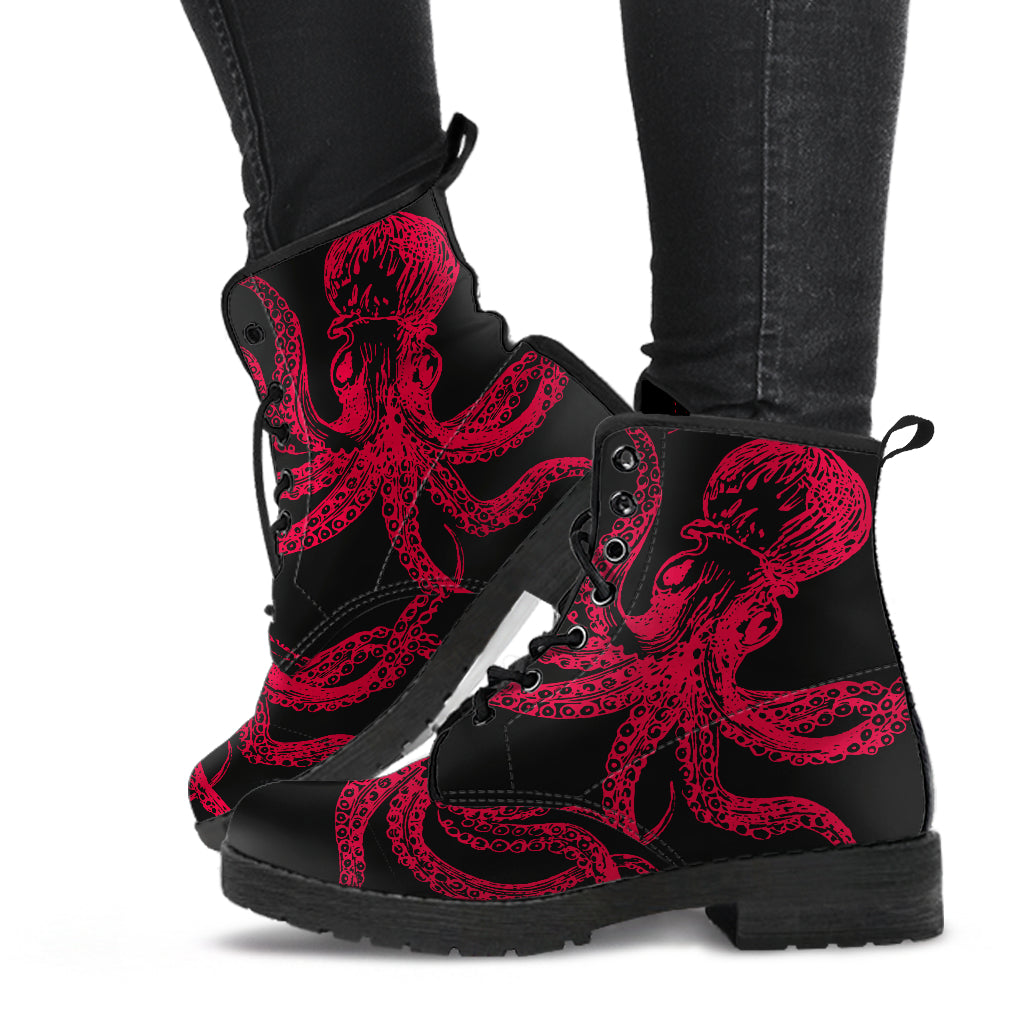 Goth boots, ankle boots, lace up boots, red octopus shoes