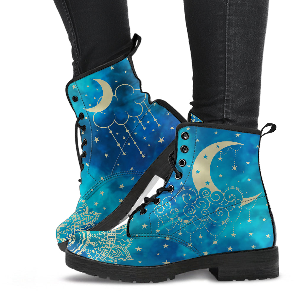 blue celestial magical moons and mandala boots