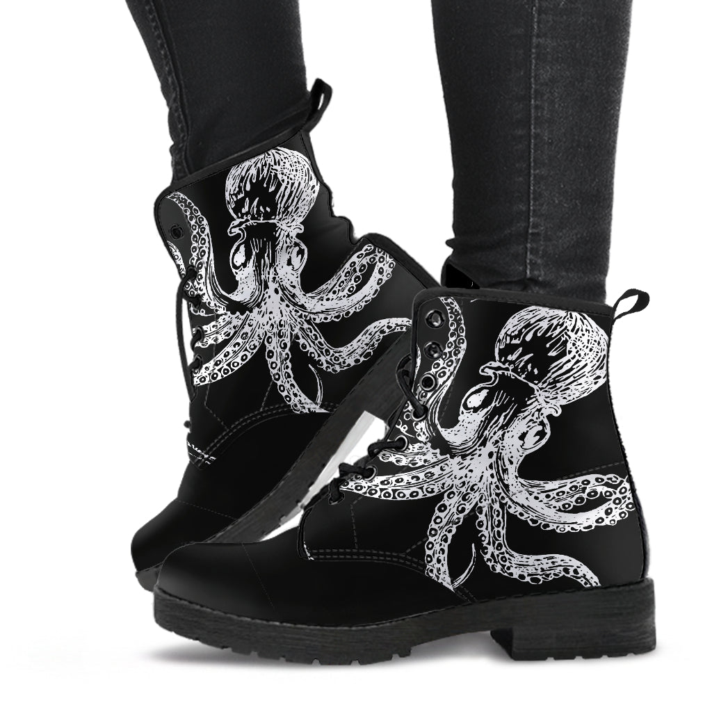 Goth octopus boots, black white boots, ankle boots, kracken boots