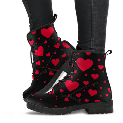 falling red hearts black ankle boots, lace up boots, vegan boots