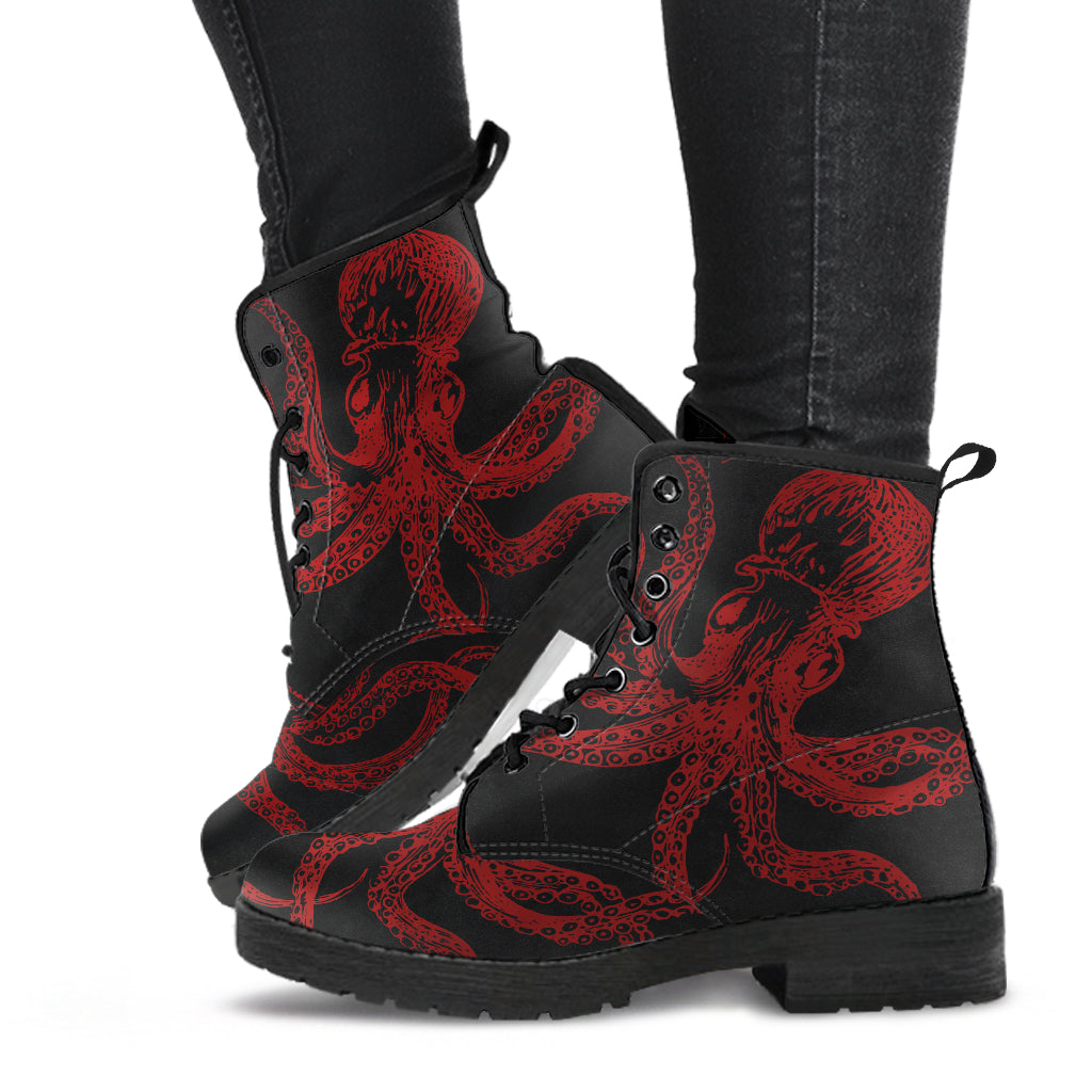 Black and Red Octopus Vegan Steampunk Boots
