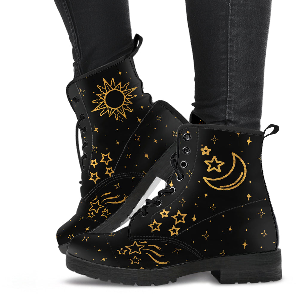 Moon and Sun Boots, Celestial Boots, Black Vegan Lace Up Boots