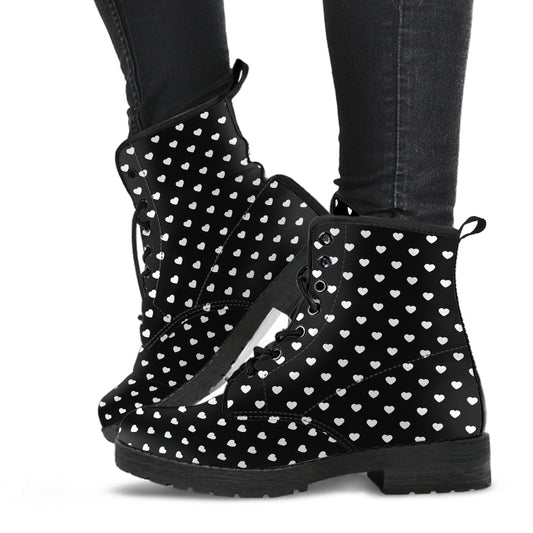 Black white tiny heart boots, lace-up ankle boots for me and women