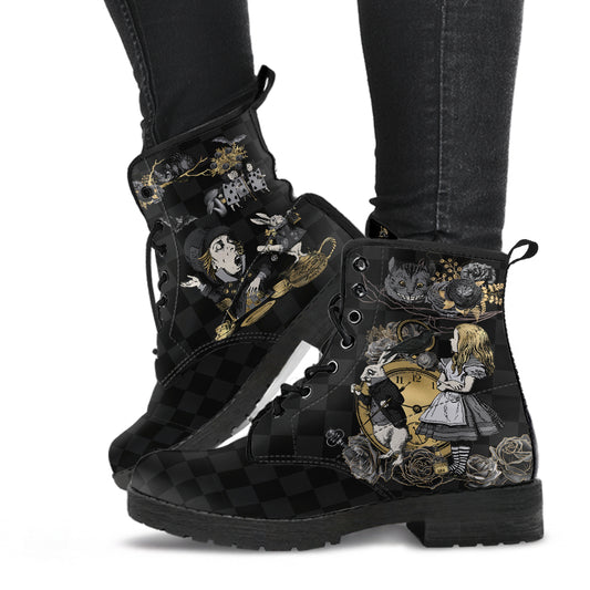 black Alice in Wonderland ankle boots, mad hatter, white rabbit