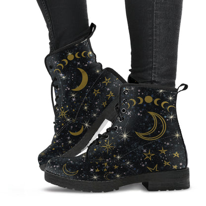black moon boots, moon phases, witchy boots, ankle boots, vegan boots