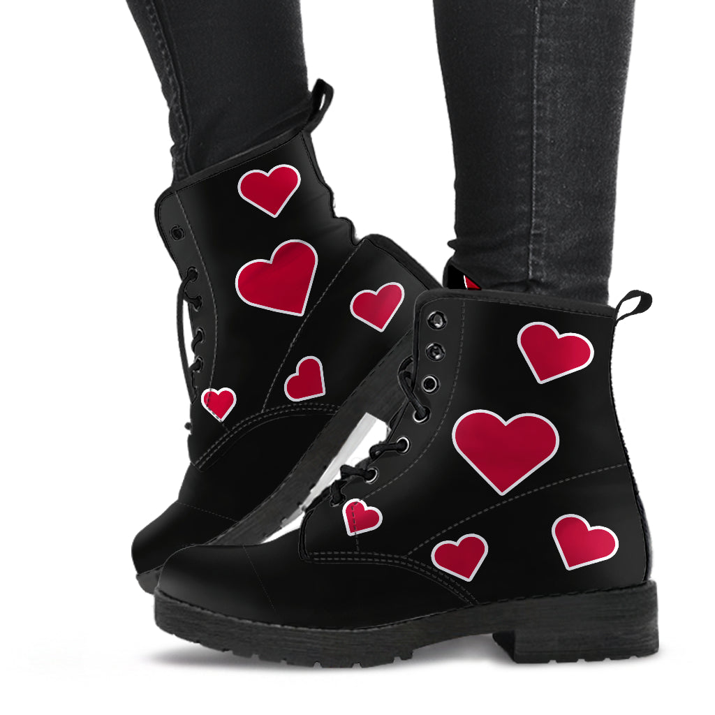 black and red heart boots, vegan hearts boots