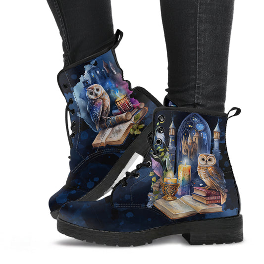 owl and books boots, academia boots, harry potter, magic boots, magical boots