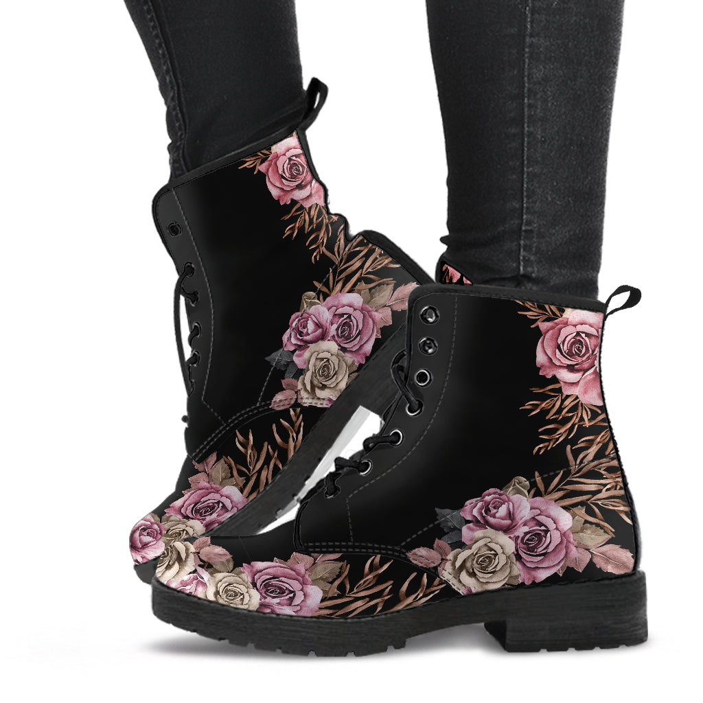 Boho cottagecore pink roses ankle boots, lace-up boots