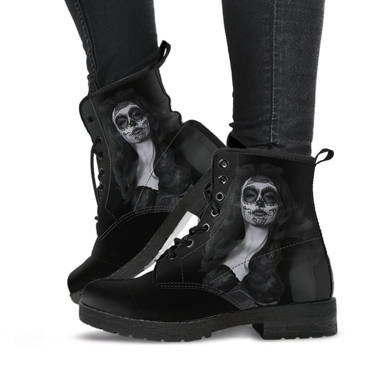 Day Of The Dead Lady Black Gray Vegan Boots Mens Womens