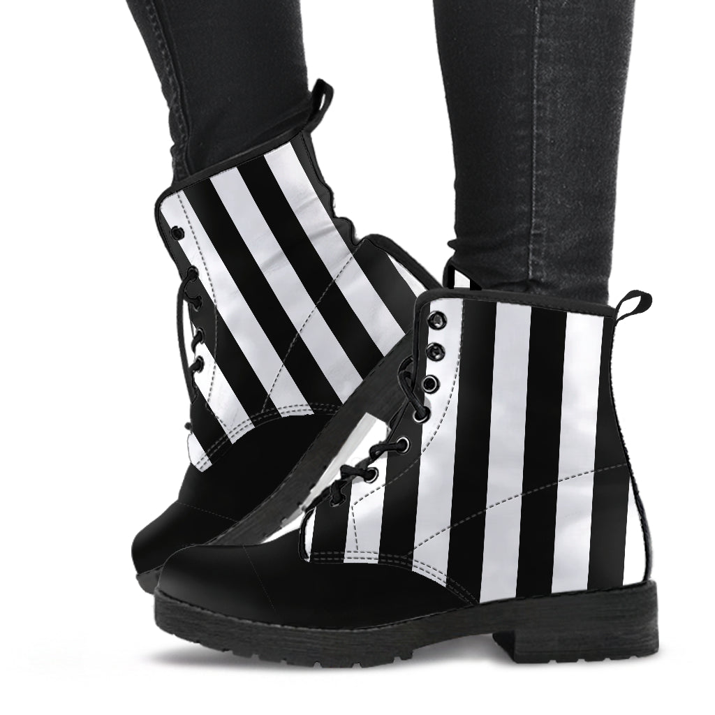 Black White Wide Striped Vegan Boots Mens Womens
