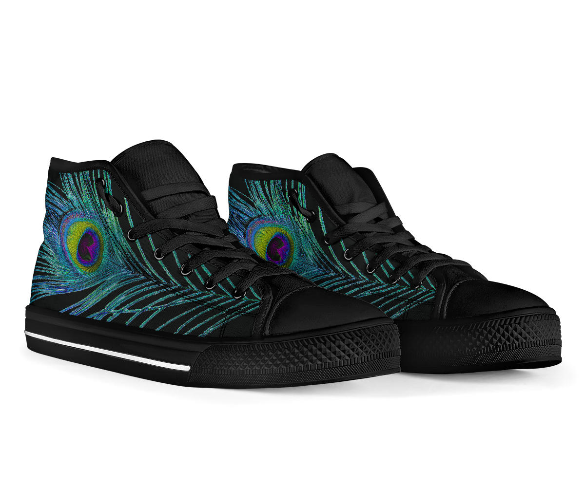 Teal Peacock Feather Black High Tops Sneakers Shoes