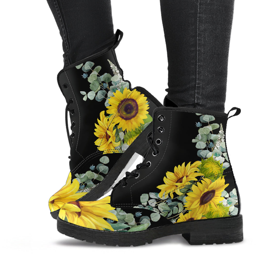 cheerful yellow sunflower boots with eucalyptus leaves, summer ankle boots