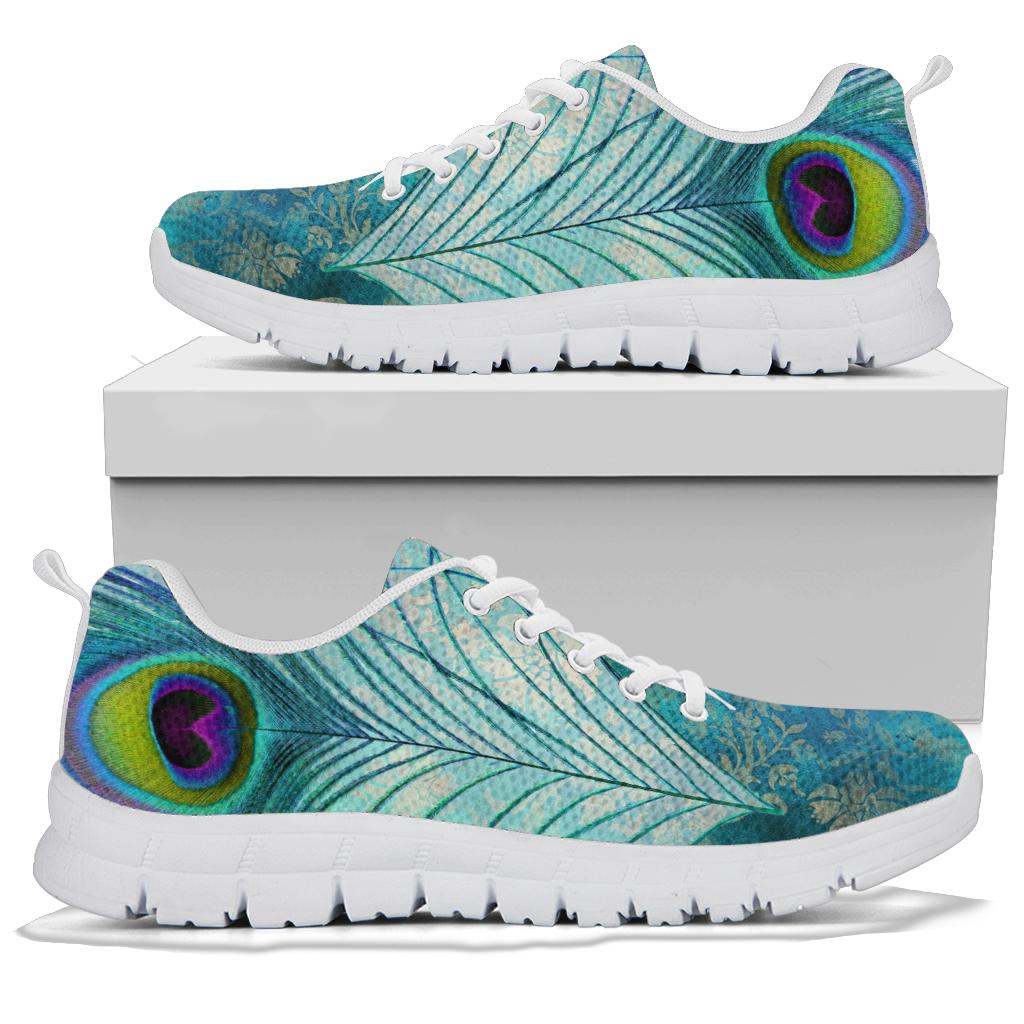 Teal Peacock Feathers White Sneakers