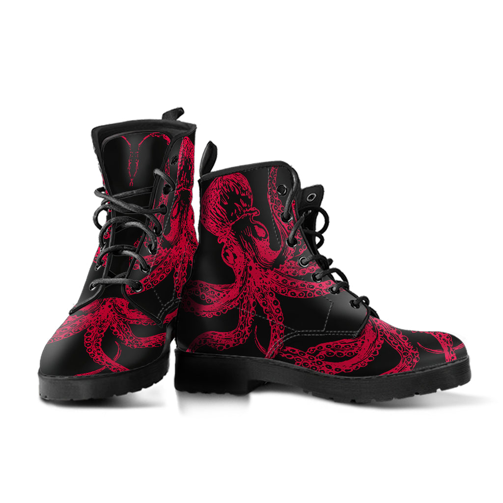 Black and Bright Red Octopus Ankle Boots
