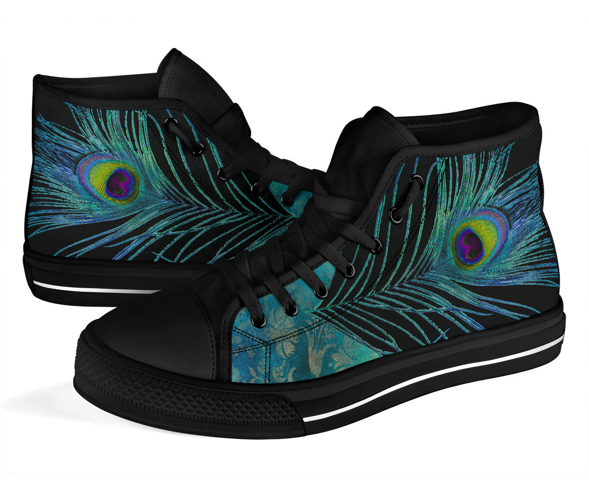 Teal Peacock Feather Black High Top Shoes