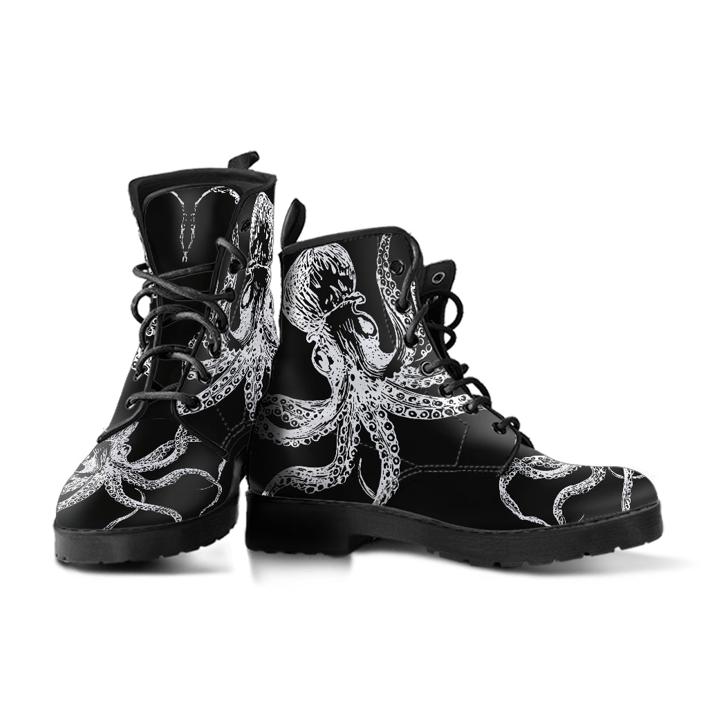 Goth octopus boots, black white boots, combat boots, kracken boots