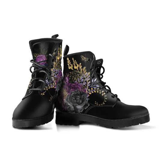 womens combat boots with purple and gray roses
