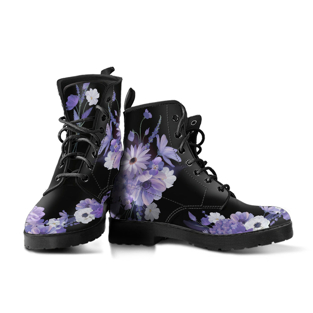 womens purple flowers ankle boots, lace up purple floral boots