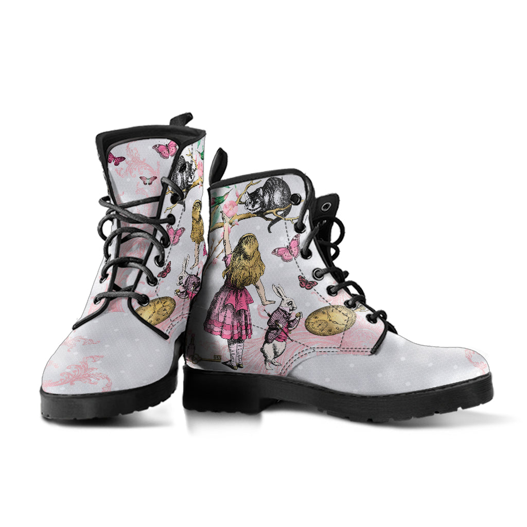 pink alice in wonderland boots, ankle boots, butterflies