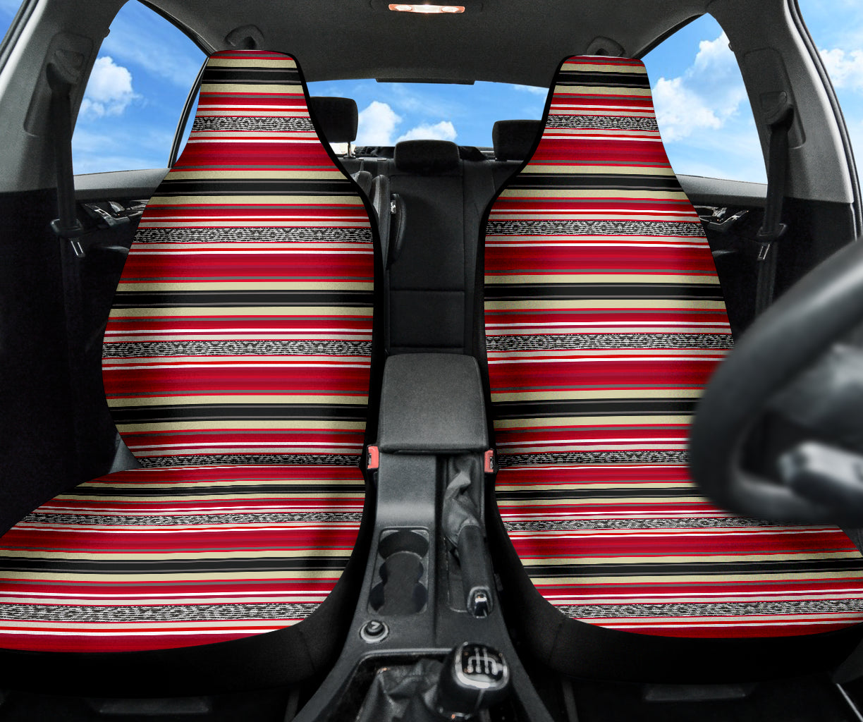 red serape seat covers, printed Mexican blanket auto protectors