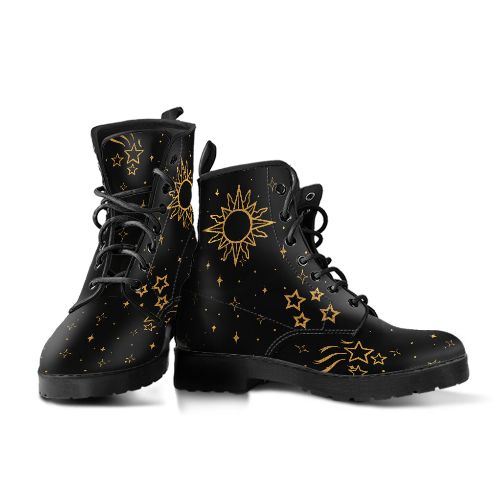 Moon and Sun Boots, Celestial Boots, Black Vegan Lace Up Boots