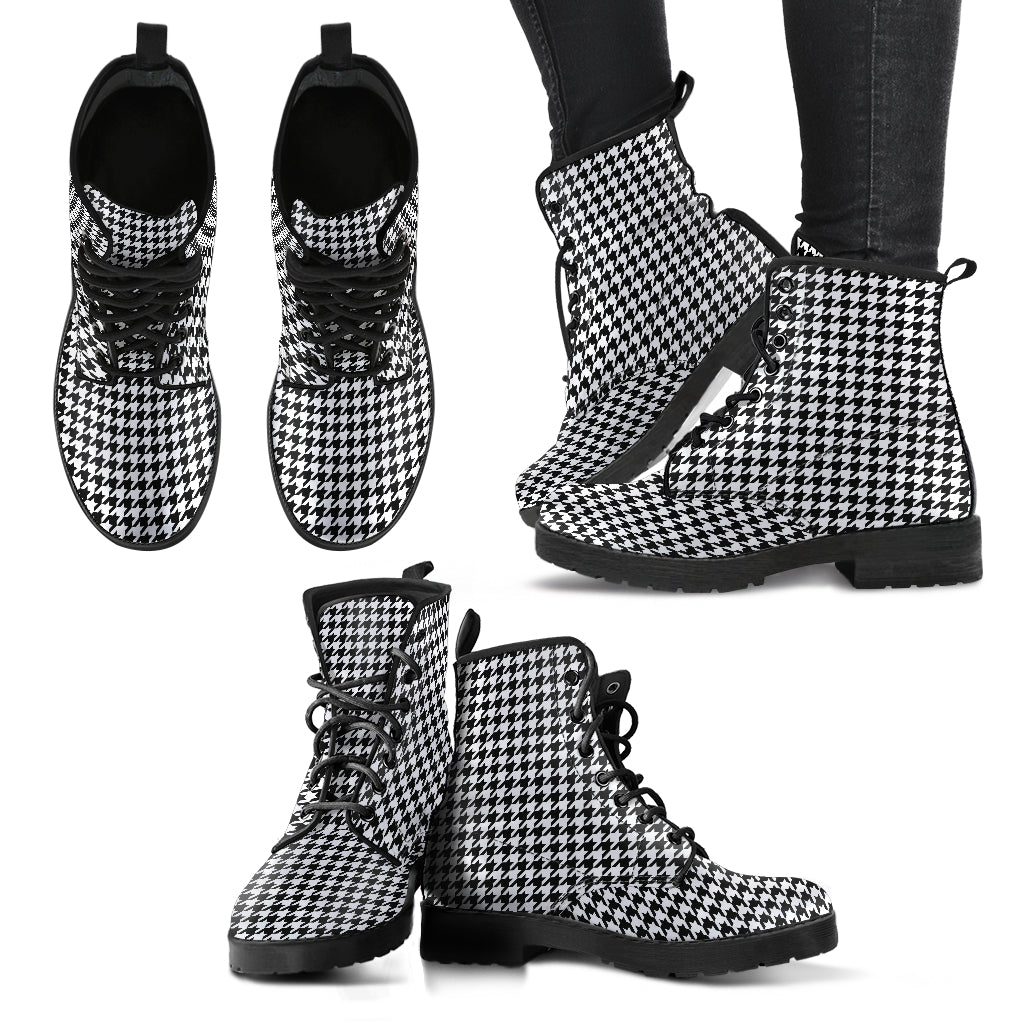 classic houndstooth ankle boots, black and white lace-up boots