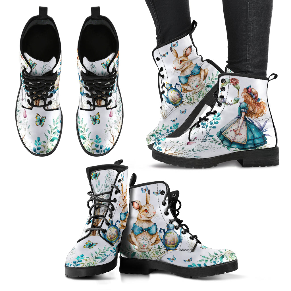 whimsical Alice in Wonderland ankle boots, white cartoon ankle boots cottagecore