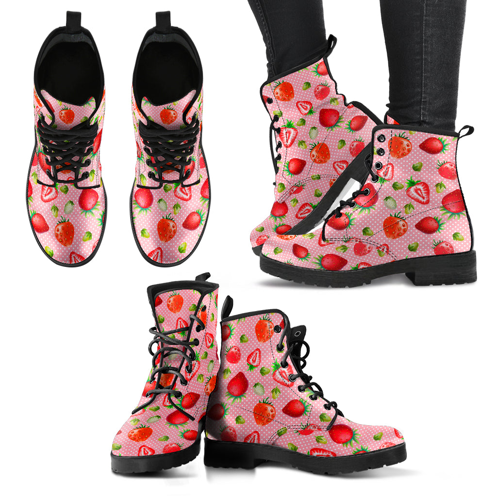 Pink Strawberries Pattern Vegan Boots Mens Womens