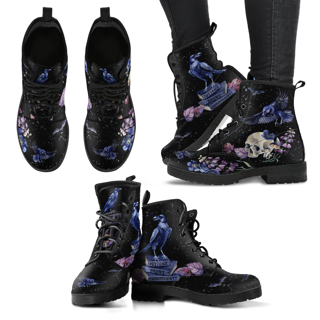purple goth boots with ravens and galaxy