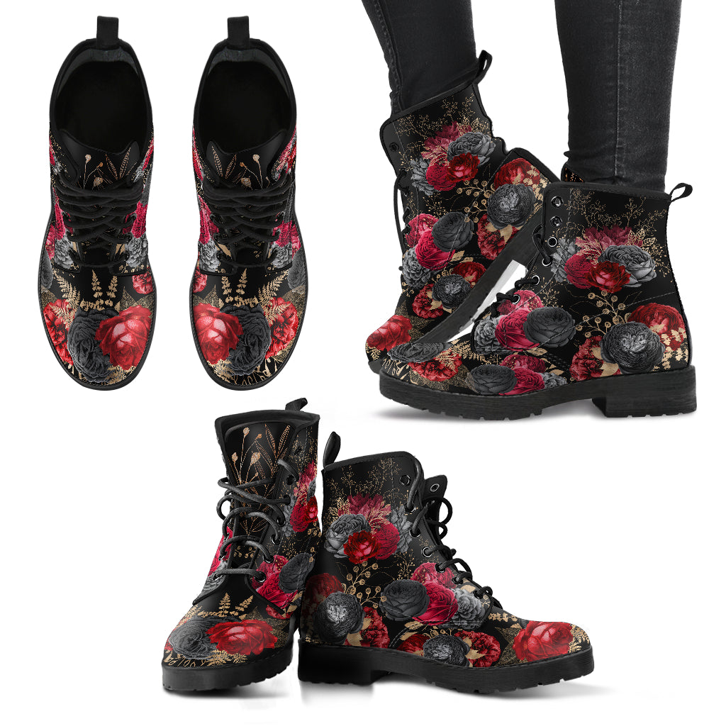 Goth Red and Black Roses Vegan Boots