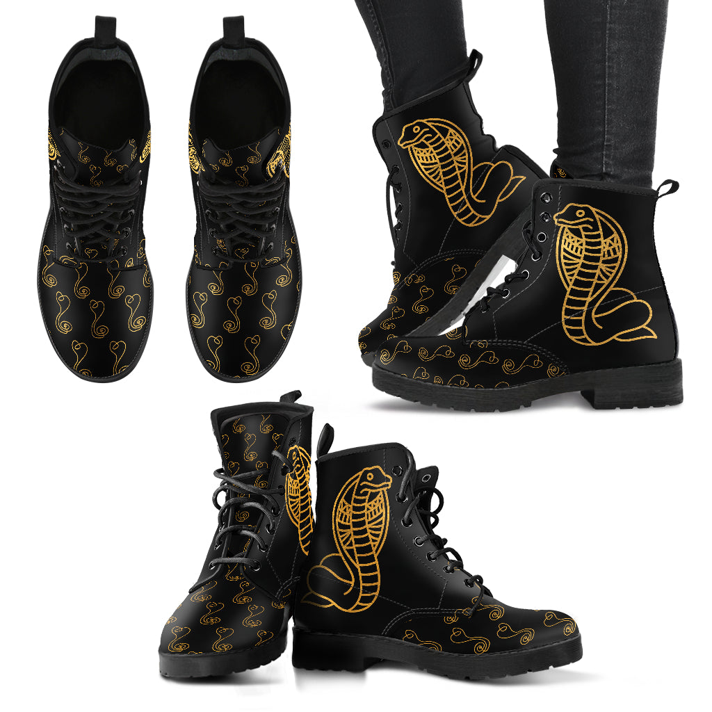 Gold Cobras Vegan Black Lace Up Ankle Boots
