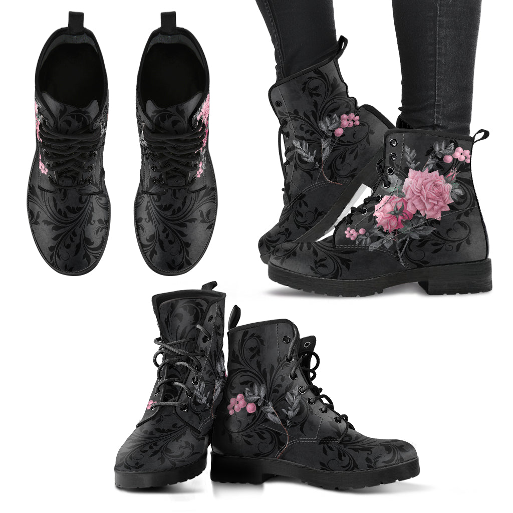 Gray Pink Roses Vegan Combat Boots