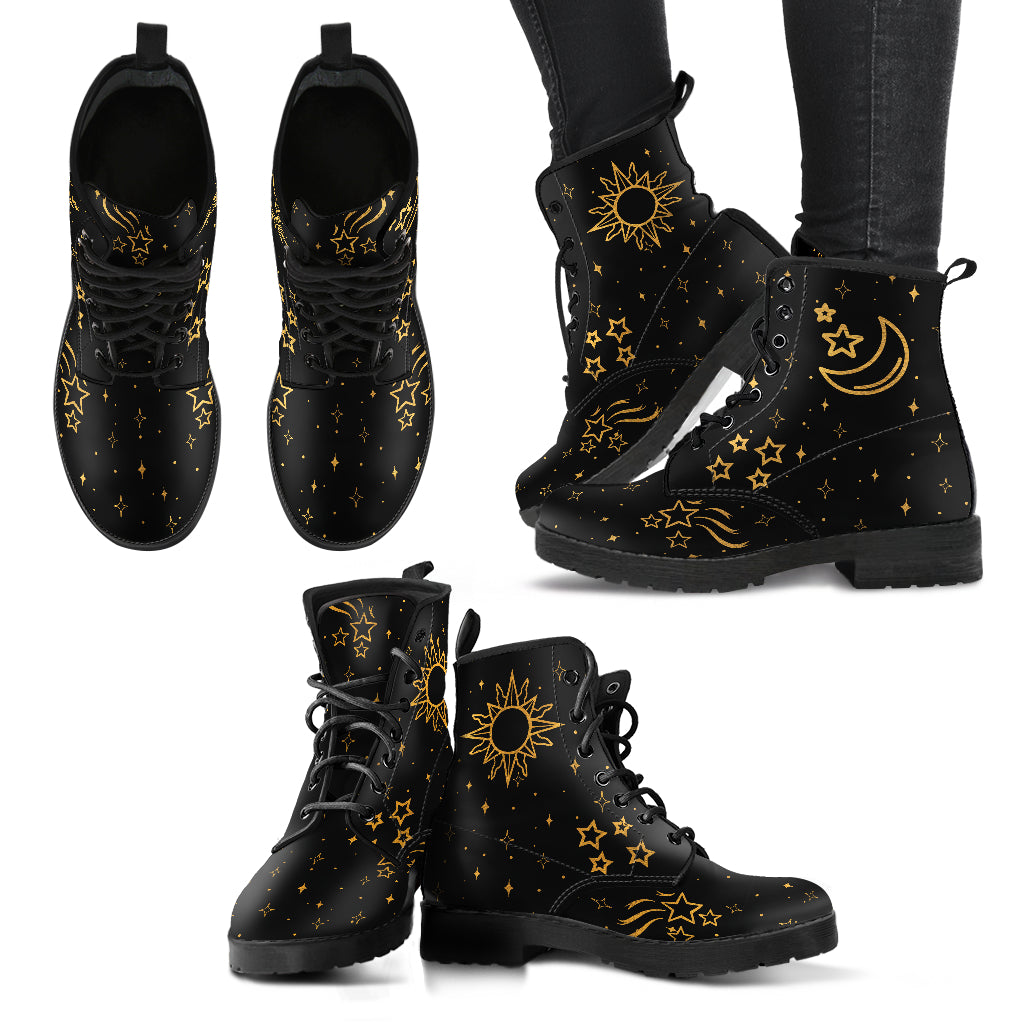 Moon and Sun Boots, Celestial Boots, Black Vegan Lace Up Boots